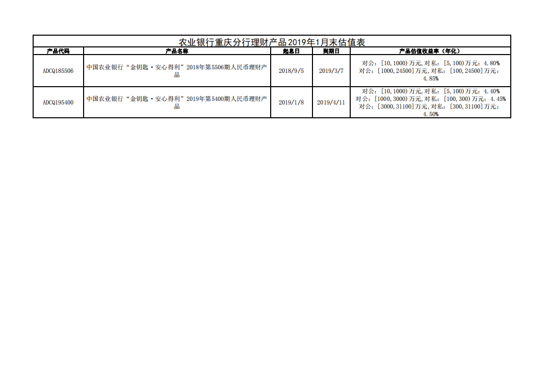 2019年1月末估值表